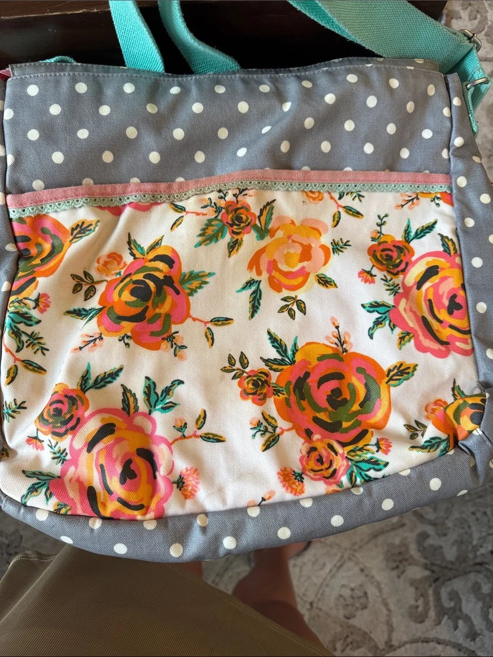 Matilda Jane Gray Polka Dot Crossbody with Turquoise Strap and Floral Pockets
